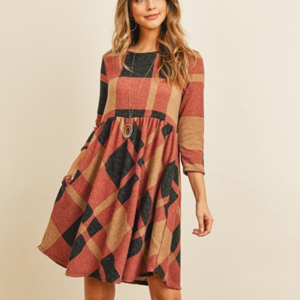 Orange & Gray Plaid 3/4 Sleeve Knit Dress With Pockets